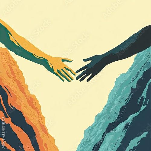 Metaphorical illustration of two hands reaching across a chasm, symbolizing connection and unity. Contrasting warm and cool tones enhance the hopeful and aspirational mood of the image photo