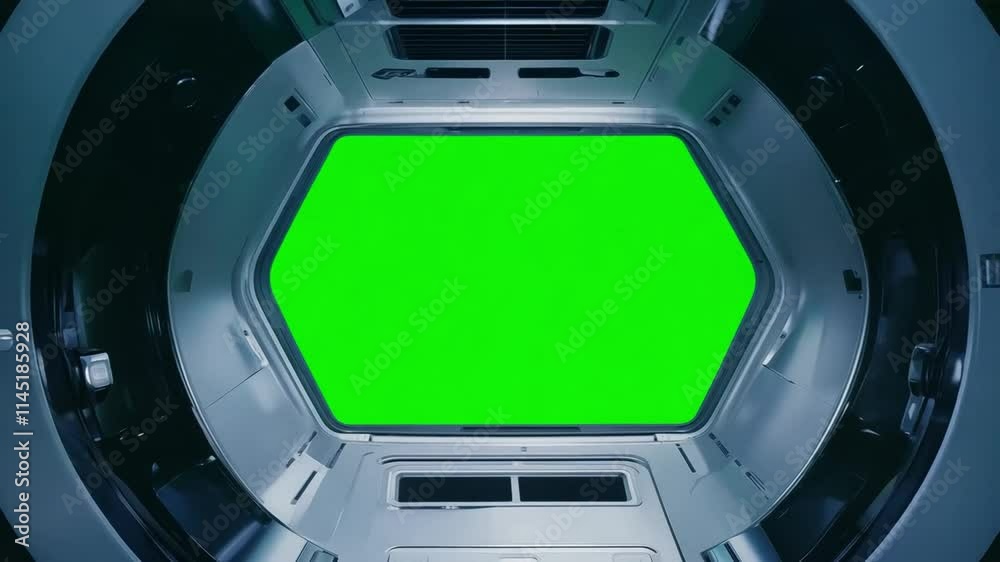 Hexagonal spaceship window providing chroma key backdrop, featuring metallic-framed futuristic portal revealing sci-fi interior environment