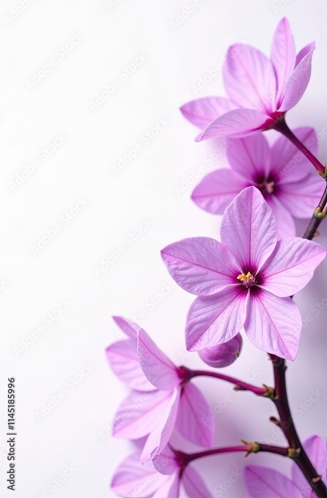 Obraz premium Vibrant purple flowers blooming along a dark stem, arranged gracefully against a clean white background, emphasizing their delicate petals and natural elegance