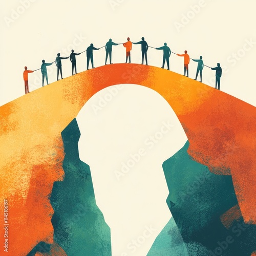 Symbolic illustration of people building a bridge across a divide, framed by an orange sun. The image conveys themes of reconciliation, progress, and collective effort photo