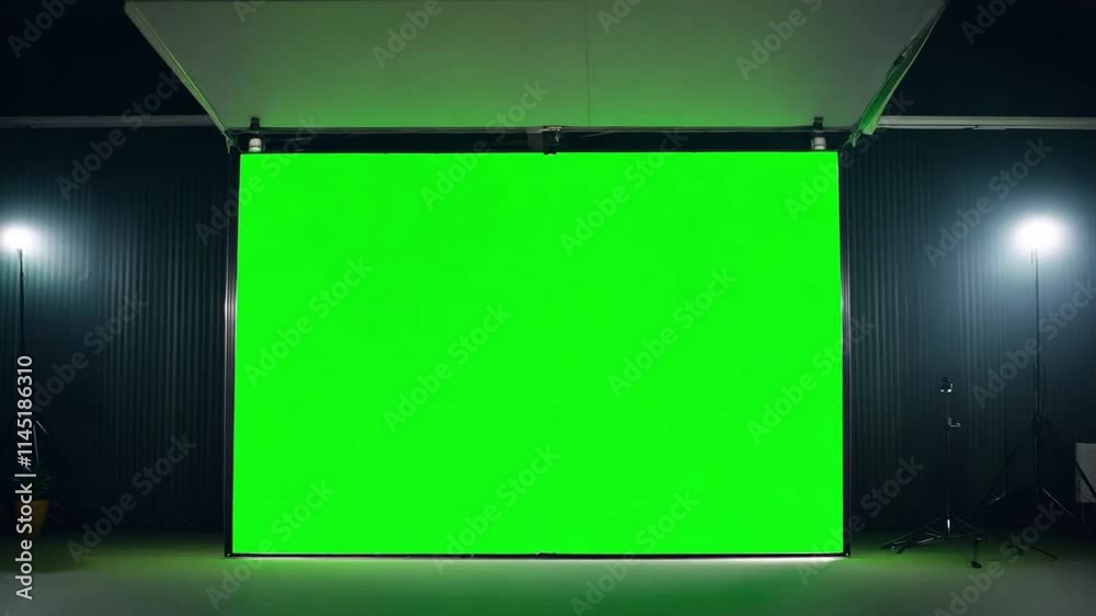 Studio lights illuminate a large green screen as it opens, revealing its full potential for visual effects and creative filmmaking