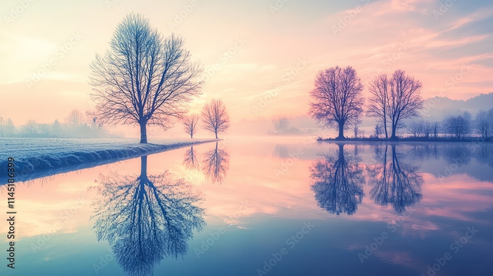 Serene landscape with trees reflecting on calm water at sunrise. Serene landscape with trees reflecting on calm water at sunrise.