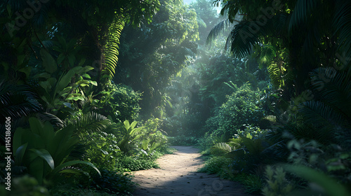 A tropical jungle clearing with a dirt path leading deeper into the dense greenery surrounded by cascading vines and ferns.