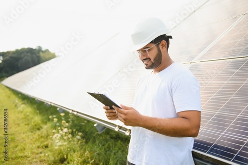 An Indian male engineer working on a field of solar panels. The concept of renewable energy photo