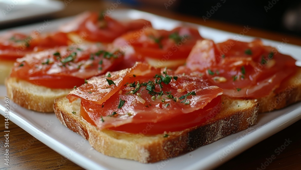 Freshly prepared bread topped with ripe tomatoes and herbs Freshly prepared bread topped with ripe tomatoes and herbs