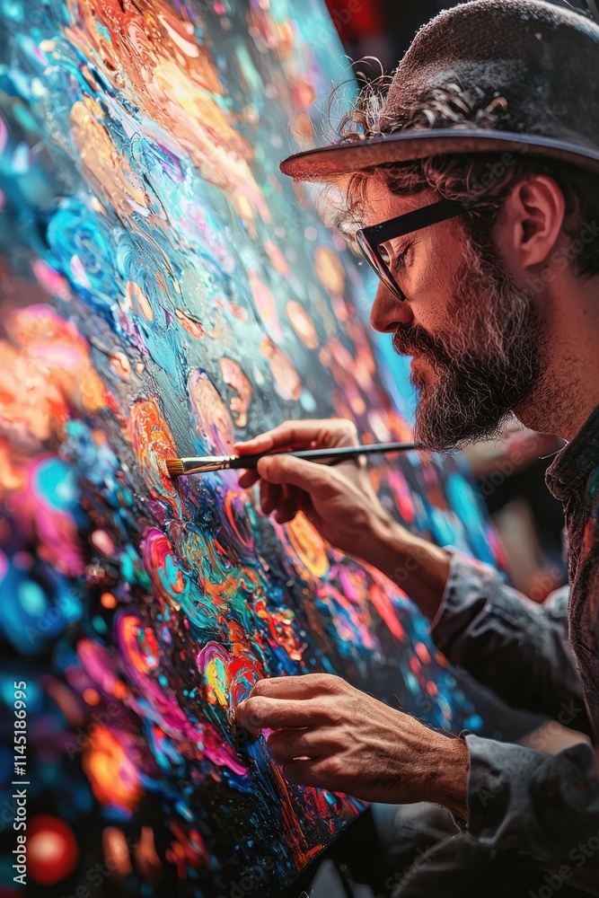 Fototapeta premium Creative artist painting a vibrant abstract artwork in a studio during the evening hours. Generative AI