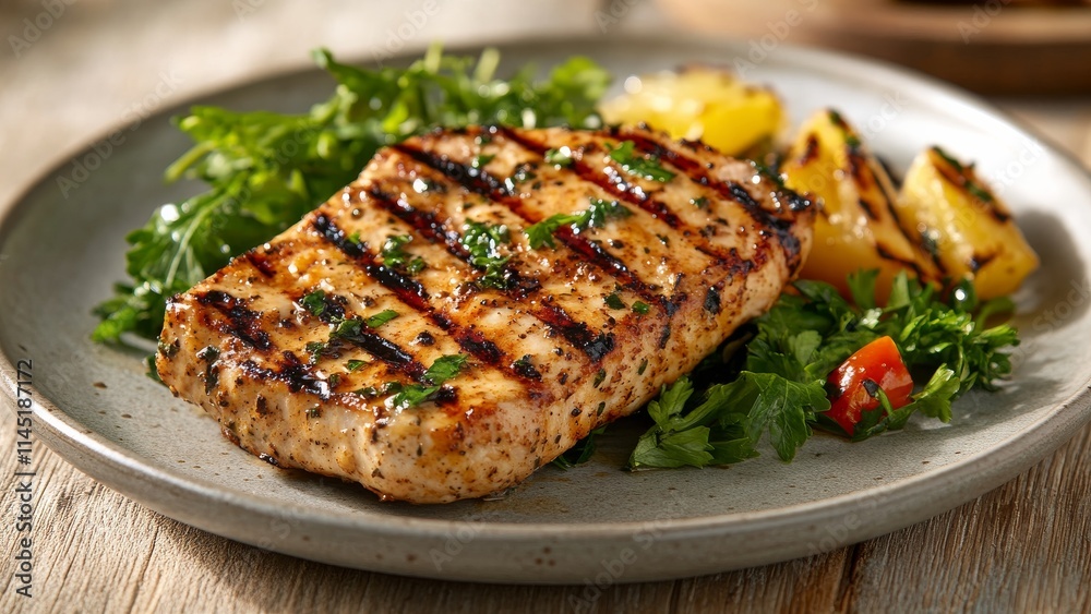 Delicious grilled salmon with fresh vegetables and citrus Delicious grilled salmon with fresh vegetables and citrus
