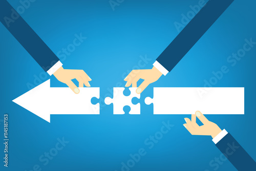 Teamwork working together to success, cooperation or team building collaborate to solve problem, partnership, help and support, business people colleagues help work together to connect jigsaw puzzle.