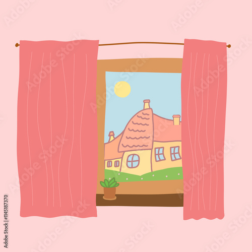 cute bright hand-drawn illustration of window view, sunny weather outside, houseplant on the window, digital art