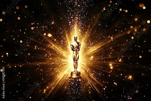 Golden award statue shining on black background photo