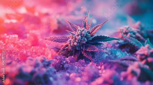 A surreal display of ground cannabis and sticky buds on a radiant neon-colored ground. photo