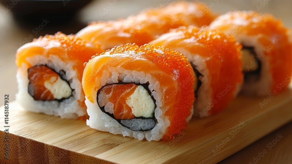 Sushi rolls with salmon and roe on a wooden platter at a restaurant Sushi rolls with salmon and roe on a wooden platter at a restaurant