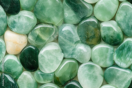Close-up of polished green jade pebbles on cream background  
