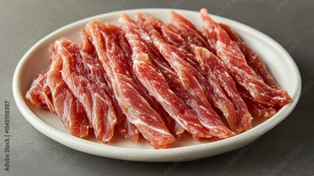 Slices of raw meat arranged neatly on a white plate Slices of raw meat arranged neatly on a white plate