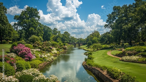 Serene park scene with a river, lush greenery, and vibrant flowers under blue skies.