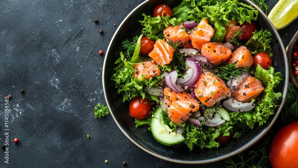 Fresh salmon salad with greens and vegetables for a healthy meal Fresh salmon salad with greens and vegetables for a healthy meal