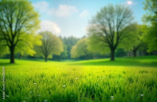 Springtime parkland view displays rich green grass meadow with blurred trees. Sunny day with blue sky. Natural environment offers calm serene vibes ideal for relaxing. Parkland landscape perfect for