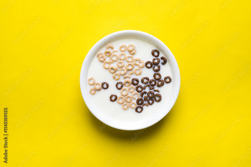 A mix of chocolate and plain cheerios floating in milk in a plain white bowl on a yellow background A mix of chocolate and plain cheerios floating in milk in a plain white bowl on a yellow background