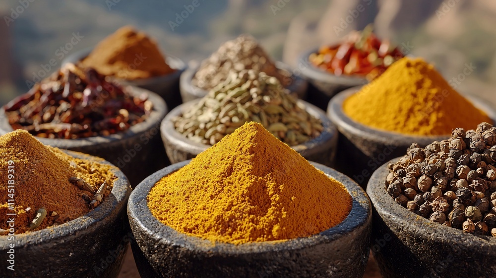 Assorted spices in bowls, outdoor setting.