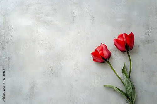 Red tulips rest on a neutral backdrop, displaying their vibrant petals and green leaves
