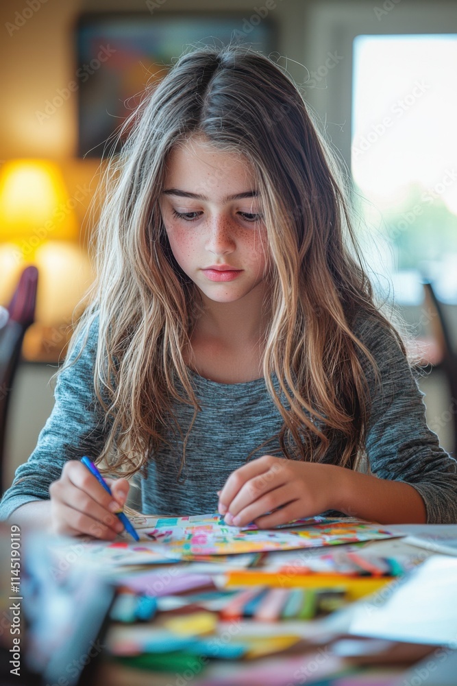 Fototapeta premium Young girl engaged in colorful art activity at home during afternoon, focused on creating a vibrant collage. Generative AI