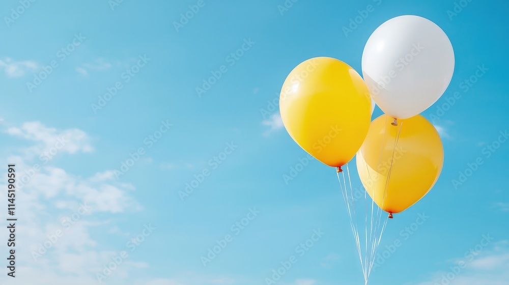 Three balloons, yellow and white, float against a bright blue sky. Three balloons, yellow and white, float against a bright blue sky.