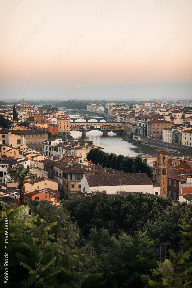 Fototapeta premium Panorama of Florence at sunrise from Michelangelo Square. The best view in the world.