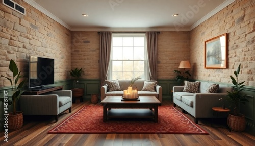 Clear evening Cozy Vintage Stone Wall Living Room featuring muted green skirting boards for a nostalgic appeal