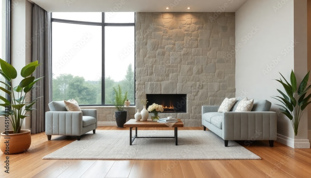Fototapeta premium Rainy afternoon Transitional Stone Wall Living Room with beige skirting boards creating a balanced atmosphere