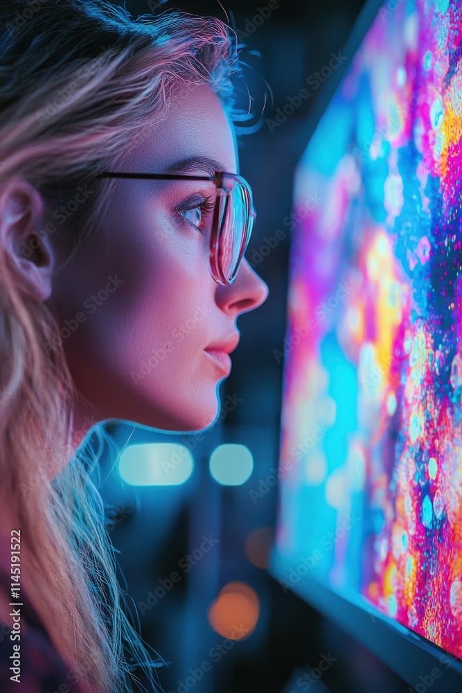 Woman with glasses gazes intently at vibrant abstract display in a dark setting during evening hours. Generative AI Woman with glasses gazes intently at vibrant abstract display in a dark setting during evening hours. Generative AI