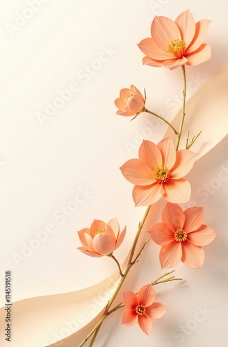 Delicate orange flowers on a slender branch arranged diagonally with a soft curling ribbon, creating a harmonious and elegant composition on a light cream background