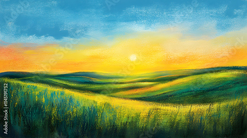 A vibrant landscape drawn with oil pastels featuring a golden sunset over rolling green hills and a clear blue sky.