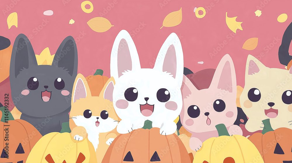 Naklejka premium Cute cartoon animals with jack-o'-lanterns on a pink background.