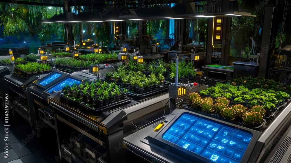 Obraz premium Futuristic indoor hydroponic farm with rows of plants under grow lights.
