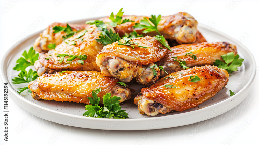 Close-up of roasted chicken wings with parsley garnish on a plate.. Close-up of roasted chicken wings with parsley garnish on a plate..