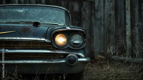 A weathered classic car front view with faded circular headlights glowing softly parked in a rustic barnyard. photo