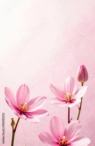 Delicate pink flowers with soft petals and budding blooms set against a gentle gradient background, creating an elegant and serene floral composition