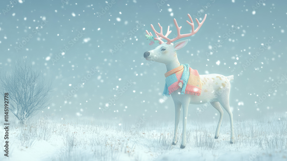 A white deer with pink antlers stands in the snow A white deer with pink antlers stands in the snow