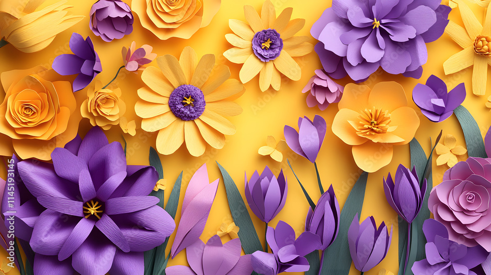 A vibrant spring-themed paper flower bouquet featuring tulips daffodils and crocuses in bright yellows and purples. A vibrant spring-themed paper flower bouquet featuring tulips daffodils and crocuses in bright yellows and purples.