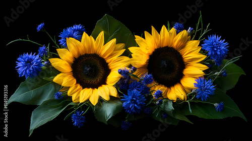 A vibrant sunflower bouquet featuring two sunflowers surrounded by blue cornflowers and rich green leaves.
