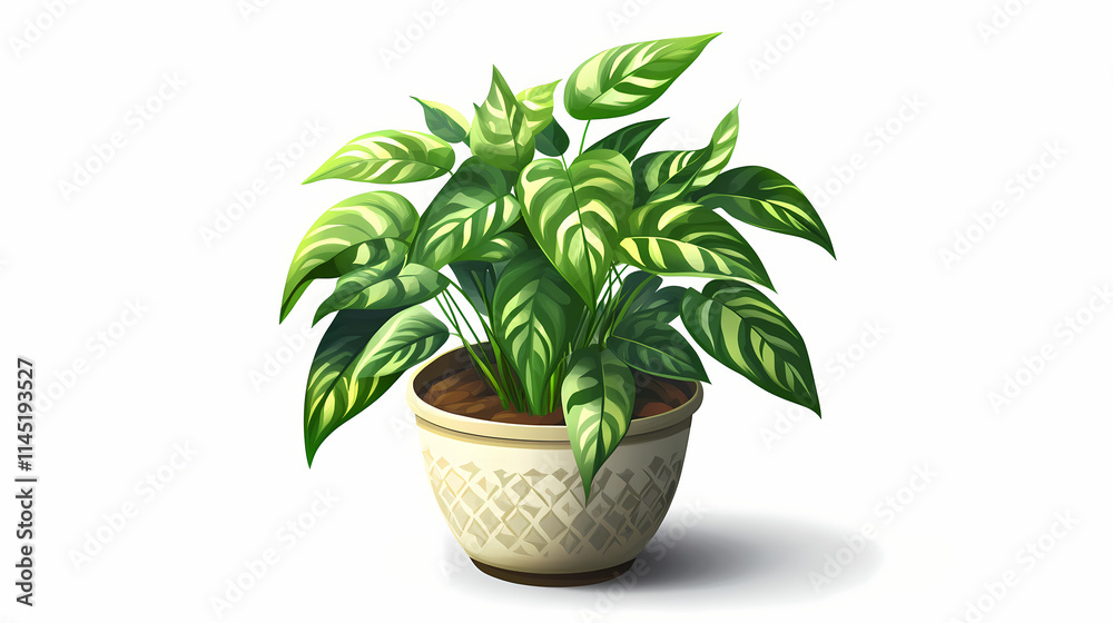 custom made wallpaper toronto digitalA stunning isometric view of a lush pot plant with smooth leaves and intricate design against a white background. Luster. Illustration