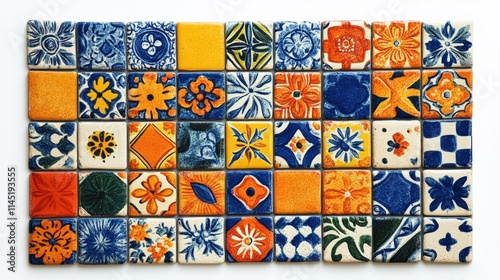 Vibrant Mexican Talavera tiles arranged in a colorful pattern showcasing intricate designs and vivid colors