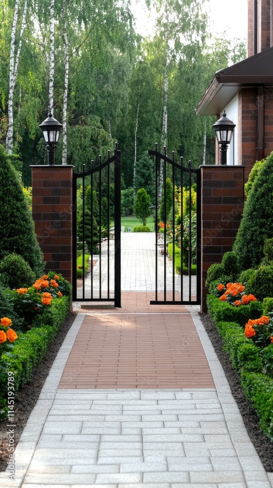 A beautiful entrance showcases black gates adorned with vibrant orange rose planters. Lush greenery surrounds the inviting pathway leading to a peaceful garden area. A beautiful entrance showcases black gates adorned with vibrant orange rose planters. Lush greenery surrounds the inviting pathway leading to a peaceful garden area.