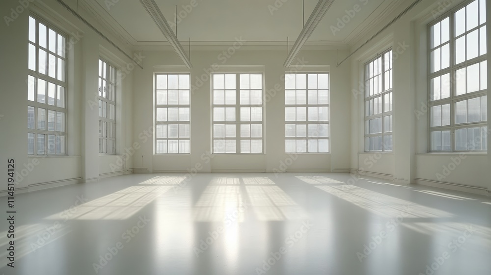 Fototapeta premium A large empty white room with tall windows letting in soft natural light, creating a serene and minimalist atmosphere