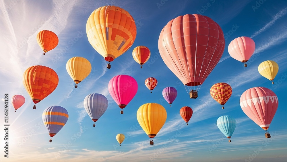 Fototapeta premium Vibrant Air Balloons in Various Shapes and Bright Colors, Floating Against a Clear Sky, Creating a Playful and Festive Scene Filled with Joy, Adventure, and Colorful Energy