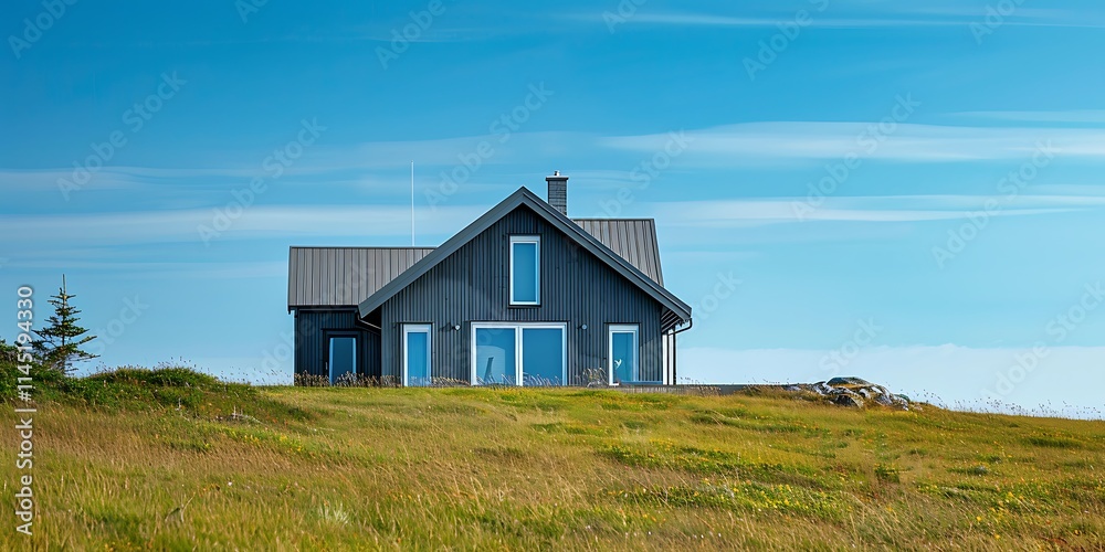 A Scandinavian home with a gray wooden exterior set outdoors, blending minimalist design with natural surroundings, creating a peaceful and harmonious connection with nature A Scandinavian home with a gray wooden exterior set outdoors, blending minimalist design with natural surroundings, creating a peaceful and harmonious connection with nature