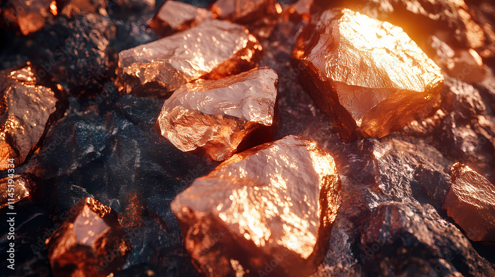 Close-up of raw copper ore nuggets shimmering in natural light, showcasing metallic luster and rough texture, against a dark, contrasting stone background. Luster. Illustration Close-up of raw copper ore nuggets shimmering in natural light, showcasing metallic luster and rough texture, against a dark, contrasting stone background. Luster. Illustration