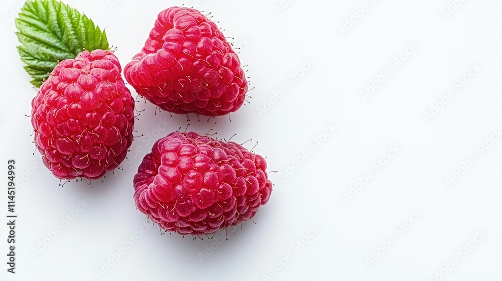 Three ripe raspberries with leaf on white. Three ripe raspberries with leaf on white.