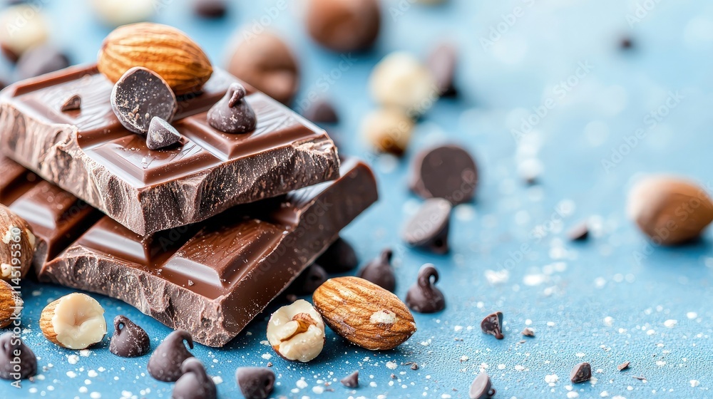 Delicious dark chocolate bar pieces with almonds and hazelnuts. Delicious dark chocolate bar pieces with almonds and hazelnuts.