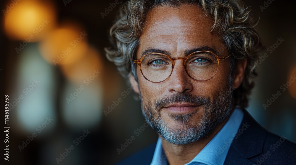 Close-up portrait of a mature man with curly gray hair, wearing glasses and a suit. Close-up portrait of a mature man with curly gray hair, wearing glasses and a suit.